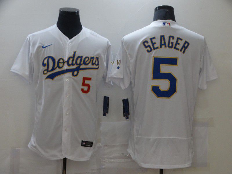 Men Los Angeles Dodgers #5 Swager Champion of white gold and blue characters Elite 2021 Nike MLB Jersey
